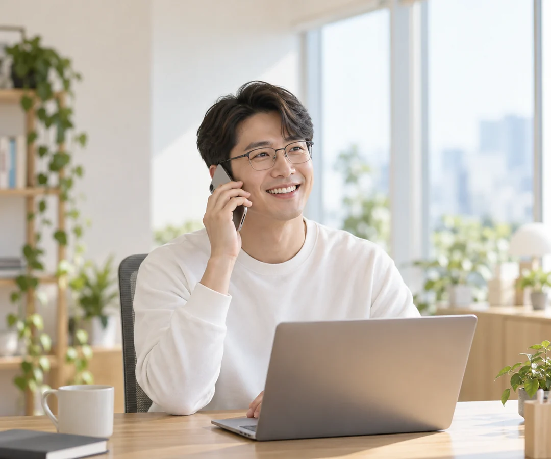 창가에서 휴대전화로 통화하며 웃는 고객